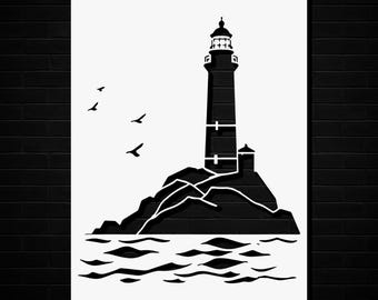 May include: A black and white graphic art print featuring a tall lighthouse standing on a rocky island surrounded by water. Three birds are flying in the sky to the left of the lighthouse structure, which is depicted in a bold, minimalist silhouette.