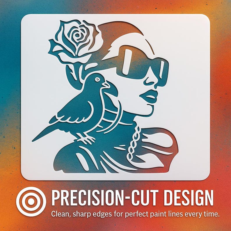 a woman with a bird perched on her shoulder, and the text below the image reads "Precision-Cut Design" and "Clean, sharp edges for perfect paint lines every time."