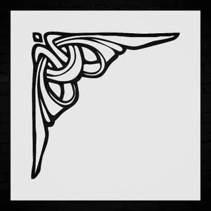 May include: A black stencil design featuring an intricate corner pattern with interlacing lines and curved shapes. The graphic is set against a plain white square background, displaying a symmetrical, flowing arrangement of bold, dark lines.