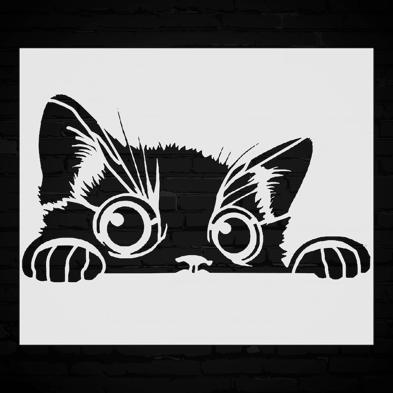 A black and white illustration of a cat peeking out from behind a brick wall.