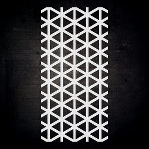 May include: A white geometric pattern of interconnected triangles against a dark background. The design is symmetrical and repeated, creating a textured effect. The pattern is a series of white lines forming triangles.