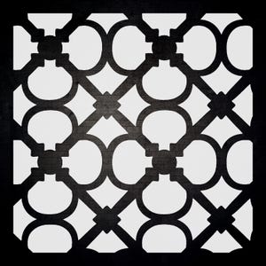 May include: A square panel featuring a repeating geometric pattern of interlocking black circles and diamond shapes against a solid white background. The black lines have a textured, brick-like appearance, creating a high-contrast lattice design.