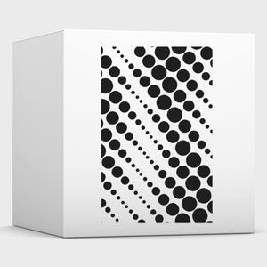 May include: A white cube-shaped box featuring a rectangular graphic panel on its front face. The graphic consists of black circular dots of varying sizes arranged in diagonal lines, creating a gradient effect across the white surface.