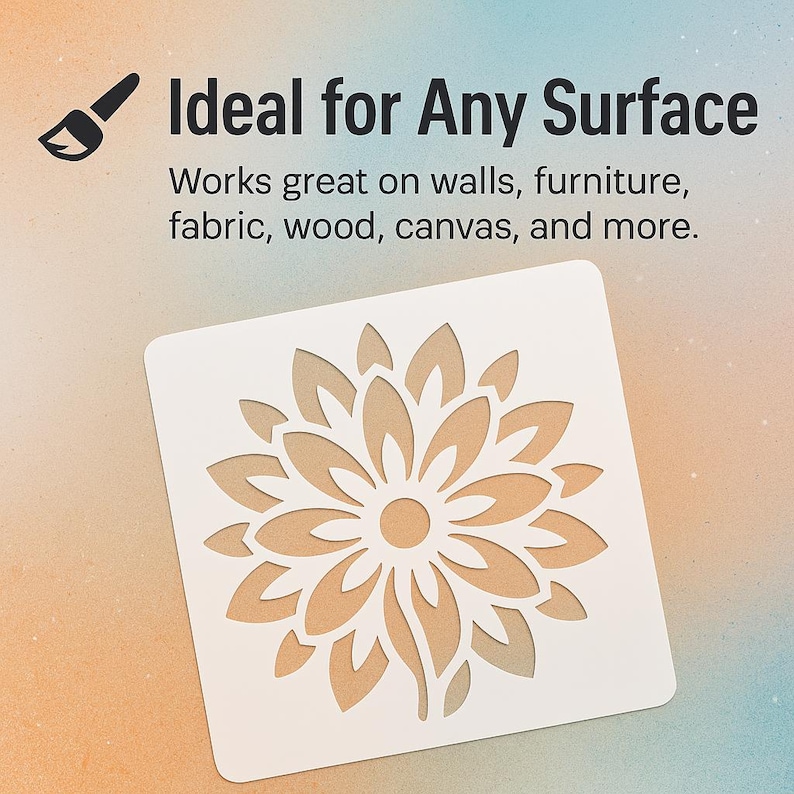 a stencil with a flower design on it, which is described as ideal for any surface.