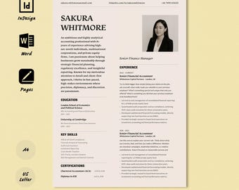Puede incluir: Un currículum vitae para Sakura Whitmore, directora financiera senior. El currículum destaca su experiencia, educación y habilidades clave. Incluye una foto profesional y datos de contacto. El currículum está diseñado con un diseño moderno y limpio.