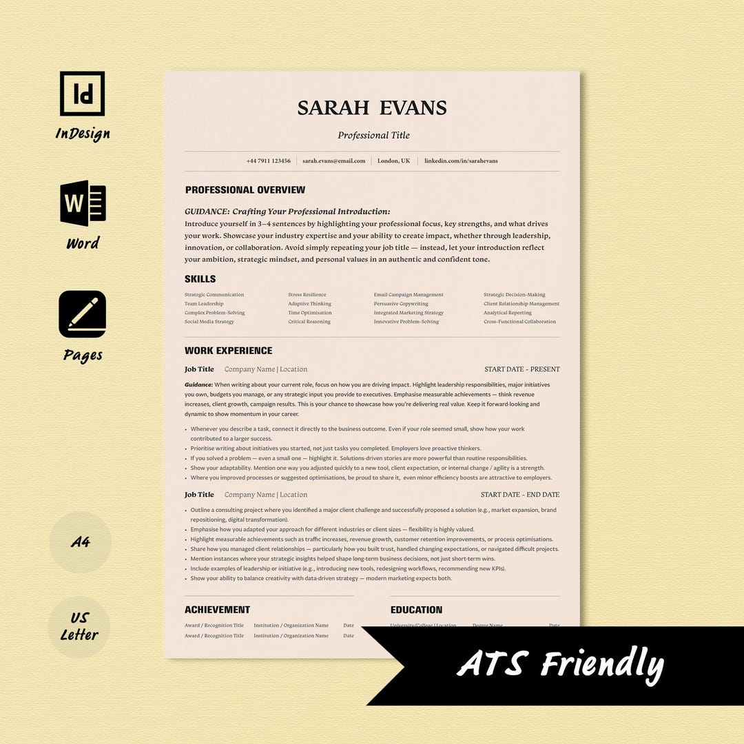 Modern ATS Friendly Resume Template, Editable CV for Word, Pages ...