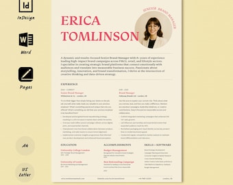 Puede incluir: Un currículum para Erica Tomlinson, directora de marca sénior con más de 8 años de experiencia en los sectores de bienes de consumo, venta minorista y estilo de vida. El currículum destaca su experiencia, educación y logros. Incluye una foto profesional de Erica Tomlinson.