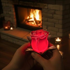 Può includere: Una lampada a forma di rosa rossa illuminata tenuta in mano, con un caldo camino e candele sullo sfondo. La lampada è il punto focale, che emana una luce soffusa. La scena evoca un'atmosfera romantica.