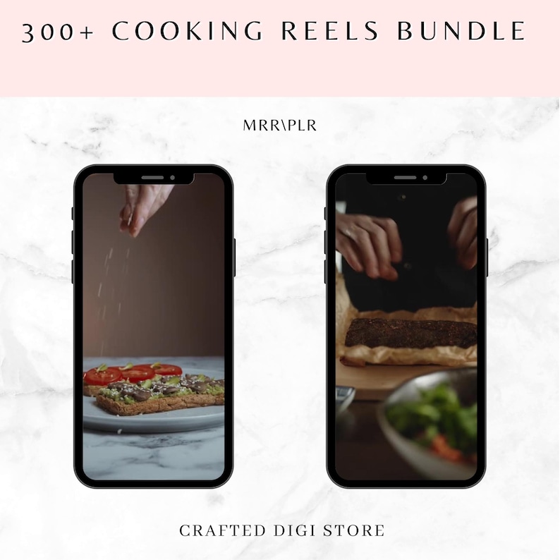 May include: Two phone screens displaying short videos of food preparation. The first video shows a hand sprinkling seasoning on a sandwich. The second video shows a hand adding ingredients to a pastry.  The text "MRR/PLR" is displayed above the phones. The text "CRAFTED DIGI STORE" is displayed below the phones.
