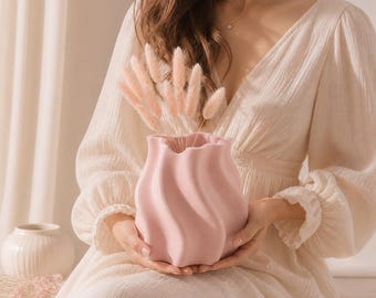 Rosa Drape Vase, skulpturale 3D Gedruckt, Minimalist Pastell gewellt Dekor