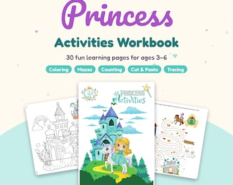 Prinsessenactiviteiten Werkboek, 30 pagina's tellende printbare PDF, direct digitaal te downloaden activiteitenboek voor kinderen, kleurplaten, doolhoven, tellen voor kleuters