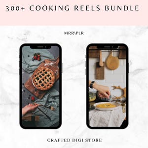 May include: Two images of phone screens showing cooking reels. The first image shows a pie on a wooden cutting board with blueberries and strawberries. The second image shows a hand sprinkling seasoning on a bowl of soup.