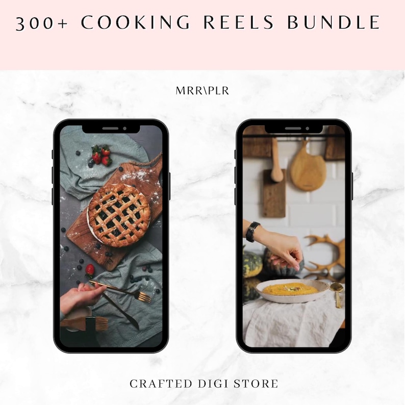 May include: Two images of phone screens showing cooking reels. The first image shows a pie on a wooden cutting board with blueberries and strawberries. The second image shows a hand sprinkling seasoning on a bowl of soup.