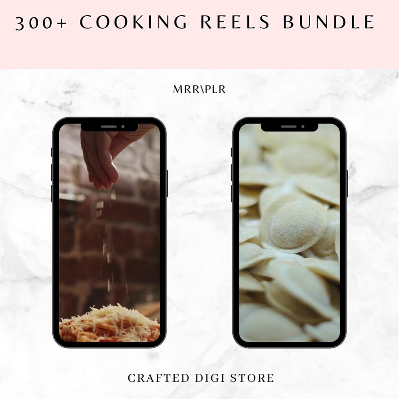 May include: Two phone screens showing images of food. The first screen shows a hand sprinkling cheese on pasta. The second screen shows a close-up of a pile of ravioli.