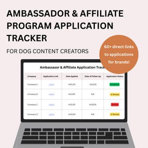 May include: A laptop screen displays an "Ambassador & Affiliate Program Application Tracker" for dog content creators. The tracker includes application links, dates, and statuses. A circular graphic states "60+ direct links to applications for brands!"