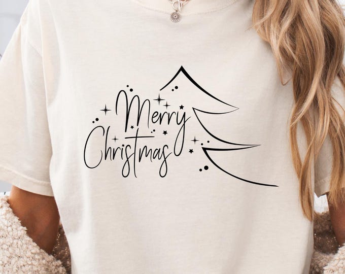 Minimalist Merry Christmas Shirt: Simple Christmas Tree Line Art Sweatshirt
