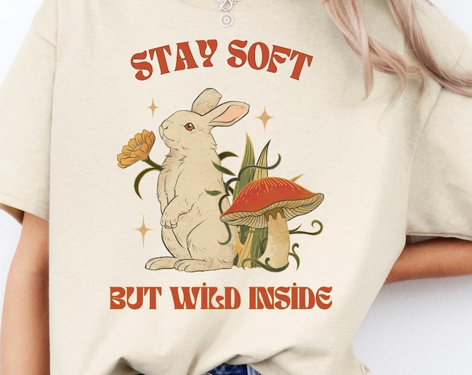 Cottagecore T-Shirt, Bunny, Mushroom And Wildflower Graphic Gildan 64000 Tee