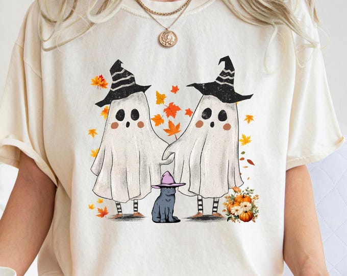 Vintage Halloween Ghost Cat Shirt: Spooky Witch Pumpkin Patch Tee