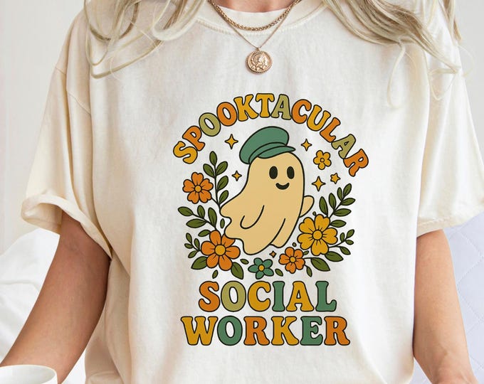 Spooktacular Social Worker Shirt, Cute Ghost Halloween Tee, Retro Fall Flowers Shirt, Social Worker Appreciation Gift, Spooky Season Teacher
