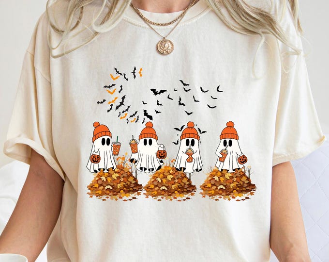 Cute Autumn Ghost Halloween T-Shirt, Pumpkin Spice Autumn Tee, Cozy Ghost Coffee Shirt, Spooky Season Graphic Tee, October Outfit Sweatshirt