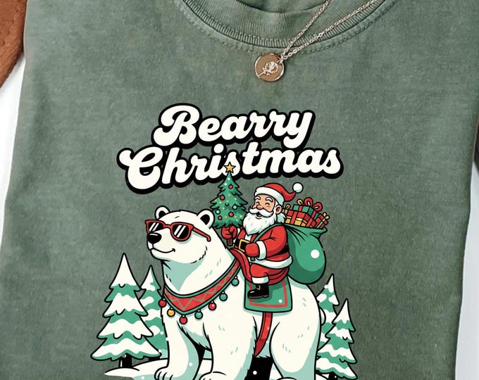 Beary Polar Bear Christmas Shirt: Santa Riding Bear Pun Sweatshirt