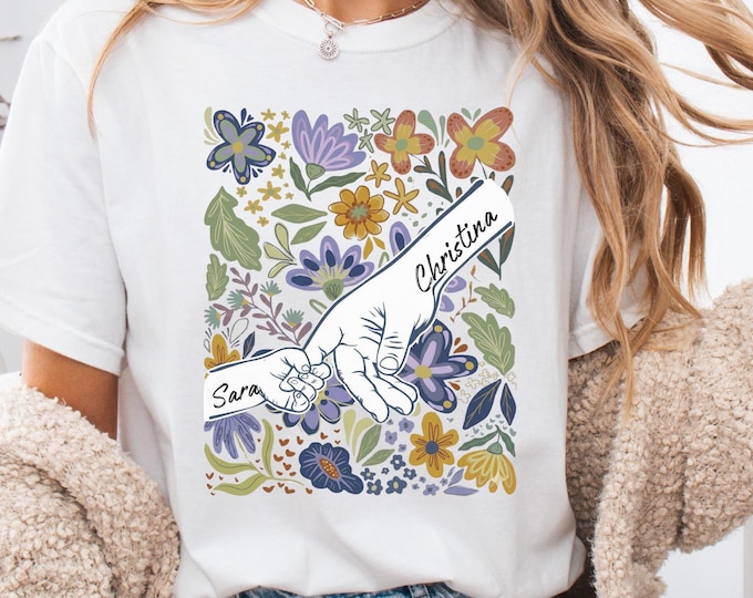 Personalized Mom And Kids Name Shirt: Custom Mama Flower Hand Sweatshirt, Mother's Day Gift