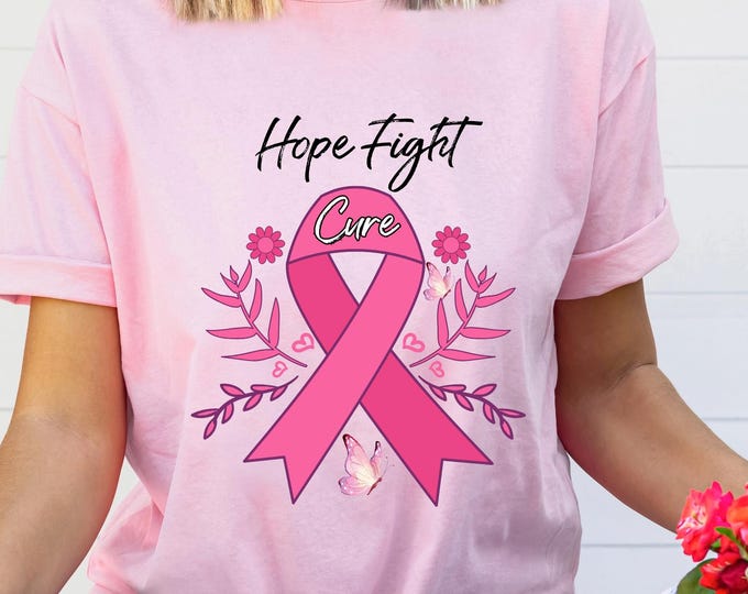 Hope Fight Cure Breast Cancer Awareness T-Shirt, Pink Ribbon Support Gift