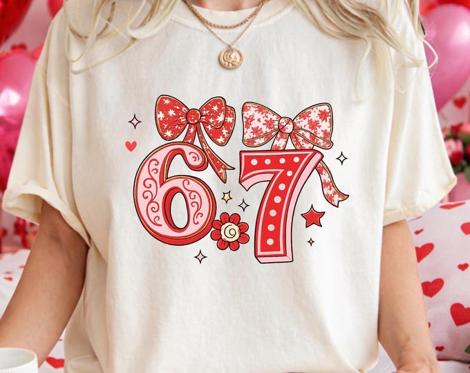 Six Seven Valentine Coquette Bow Shirt: Funny 6 7 Preppy Heart Bow Sweatshirt