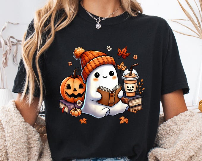Halloween Book Lover Ghost Shirt: Spooky Season Reading Lover Cotton Tee
