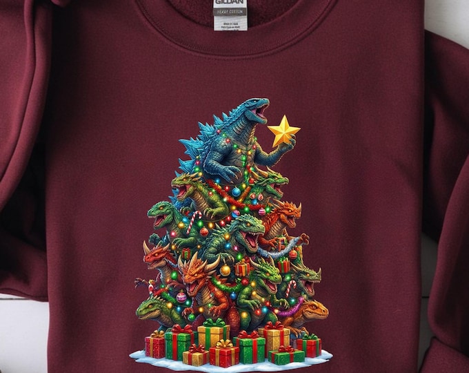 Godzilla Christmas Tree Shirt: Monster Godzilla Lovers Xmas Sweatshirt