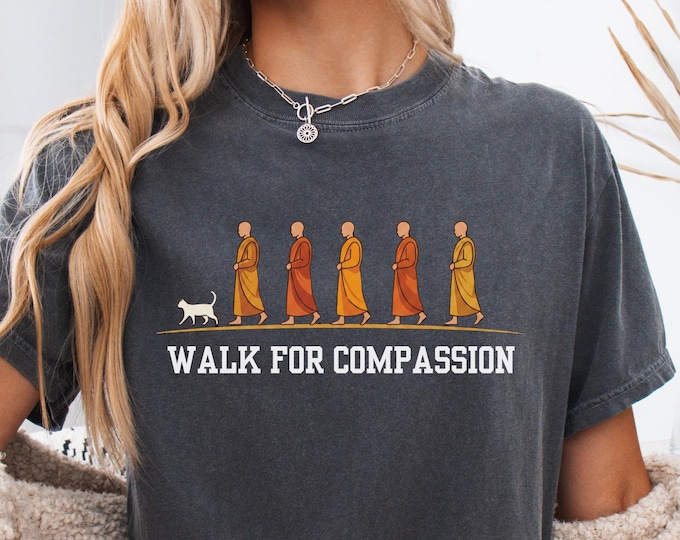 Walk For Compassion Shirt: Peaceful Meditation Tee, Monks and Cat Crewneck, Mindfulness Graphic Top