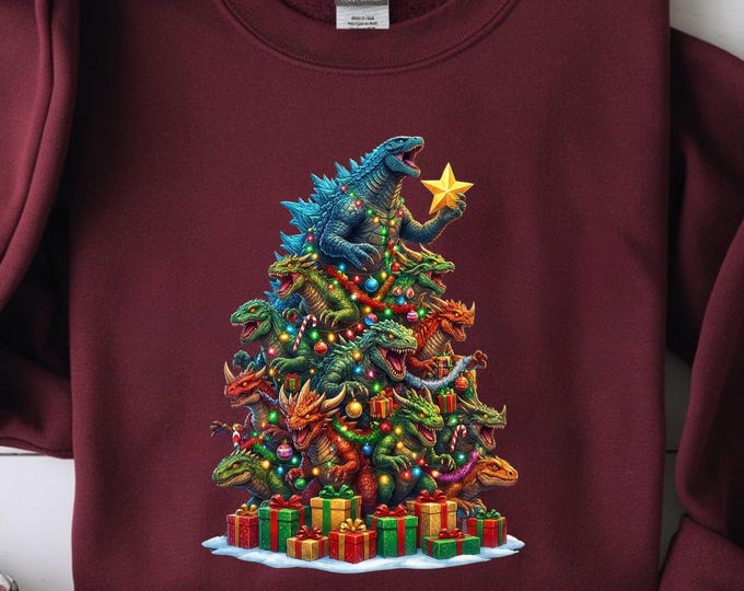 Godzilla Christmas Tree Shirt: Monster Godzilla Lovers Xmas Sweatshirt