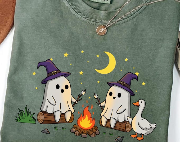 Retro Camping Halloween Shirt: Campfire Ghost Witch Hat Cotton Tee