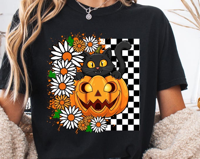 Black Cat Pumpkin Halloween Shirt: Jack-o-Lantern With Flowers Cotton Tee