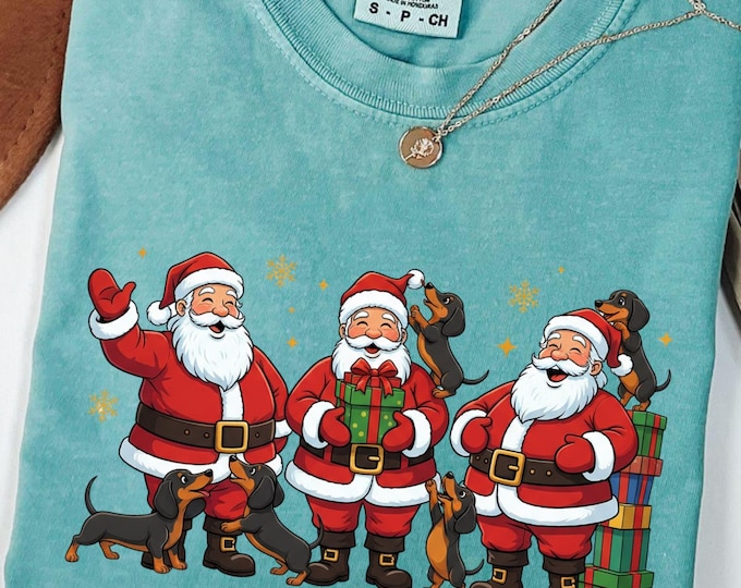Personalized Christmas Dog Shirt:  Santa Claus with Dog Puppies Tee, Golden Retriever Dachshund Bulldog Xmas Gift