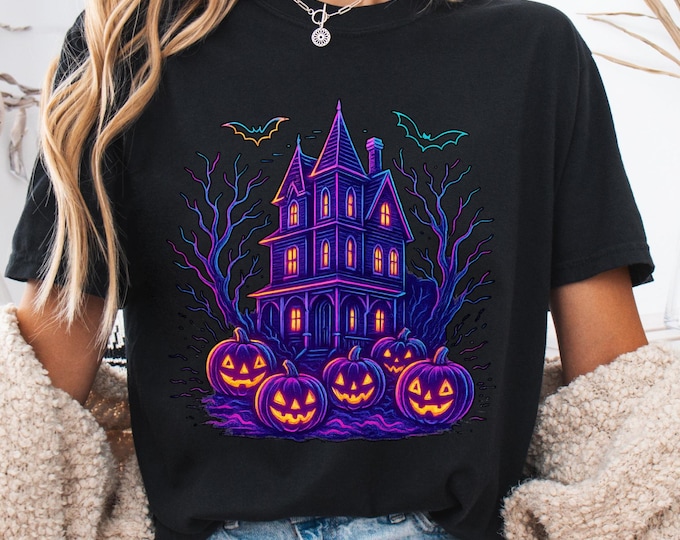Neon Halloween Haunted House Shirt: Retro Spooky Flying Bats Tee