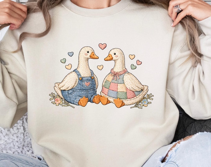 Thrifted Geese Patchwork Sweatshirt: Romantic Cottagecore Couple Shirt, Rustic Silly Goose Hoodie