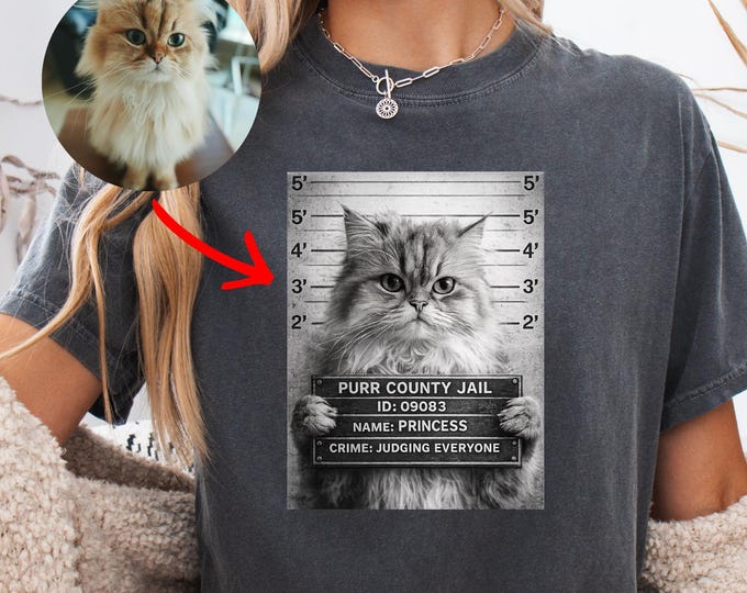 Custom Cat Mugshot Shirt: Personalized Pet Jail Photo Tee, Funny Cat Crime T-Shirt