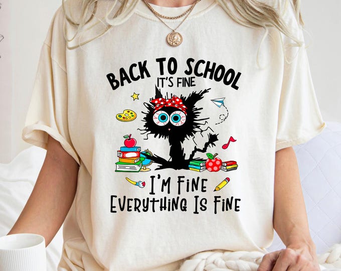 Funny Back to School Teacher Shirt: Distressed Cat I'm Fine Cotton Tee