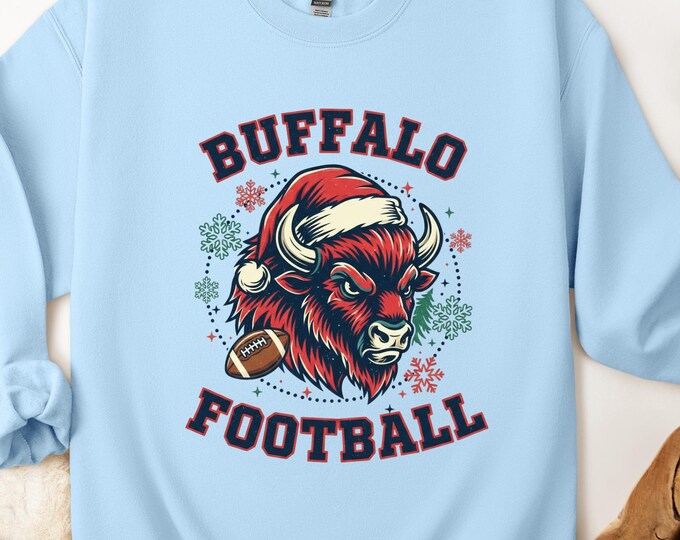 Red Buffalo Football Christmas Sweatshirt: Santa Hat Buffalo Mascot Sweater