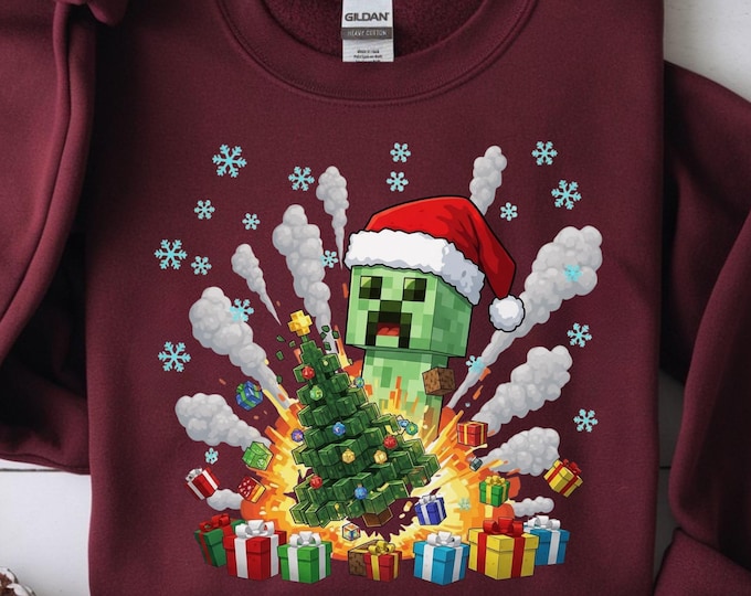 Pixel Block World Christmas Sweatshirt: Gamer Holiday Family Shirt, Christmas Gift for Gamers and Teens