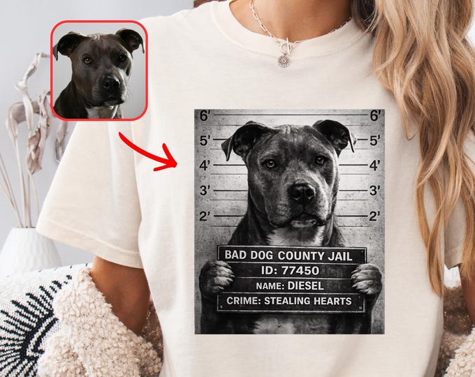Personalized Pet Mugshot Shirt: Custom Dog Photo Jail Print, Unisex Cotton Crewneck