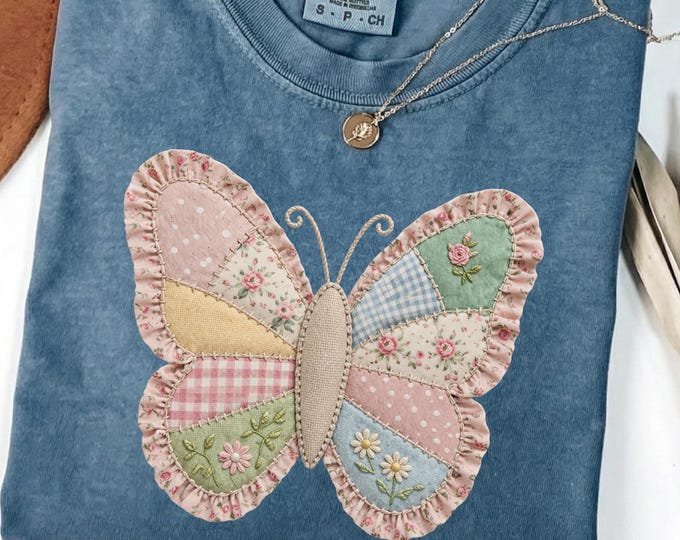Patchwork Floral Butterfly Shirt: Faux Embroidery Effect Soft Style Tee, Vintage Floral Crewneck