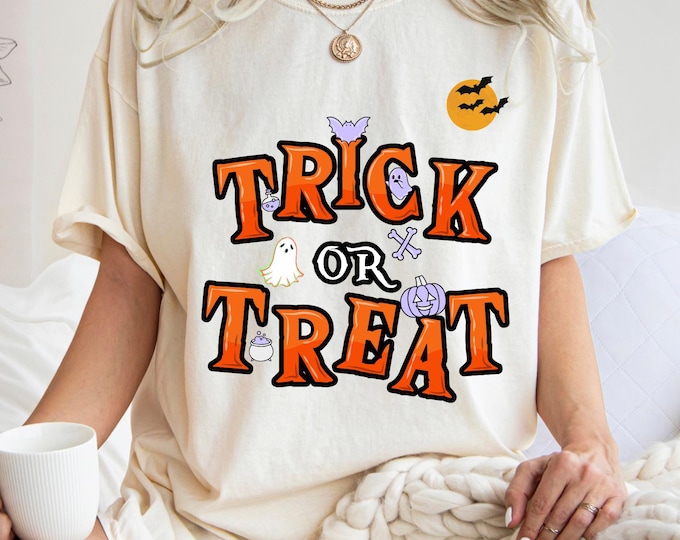 Trick or Treat Halloween T-Shirt, Cute Ghost Pumpkin Bat %50 Cotton Tee, Spooky Season Shirt, Fall Autumn Party Tee, Teacher Halloween Shirt
