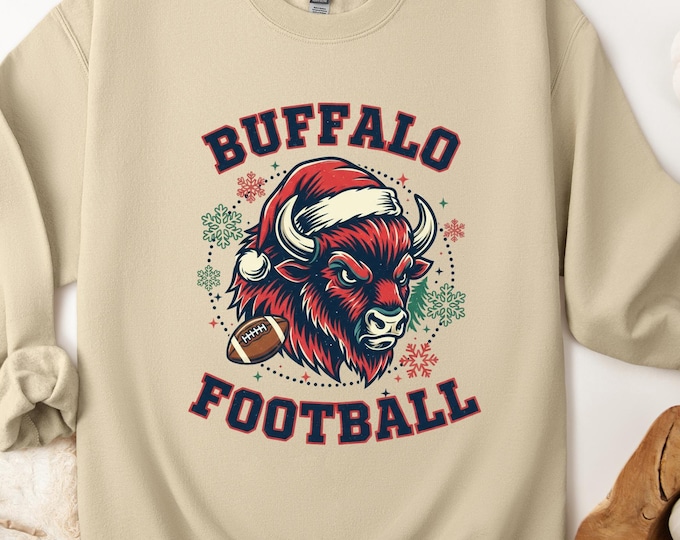 Buffalo Football Christmas Sweatshirt: Santa Hat Buffalo Mascot Crewneck