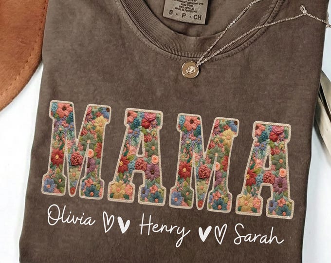 Personalized Mama Shirt with Kids Names: Custom Faux Embroidery Effect Mom Sweatshirt