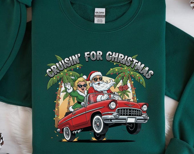 Retro Cruisin for Christmas Sweatshirt: Vintage Car Tropical Santa Shirt