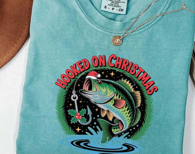 Hooked on Christmas Dad Shirt: Bass Fish Fisherman Christmas Tee