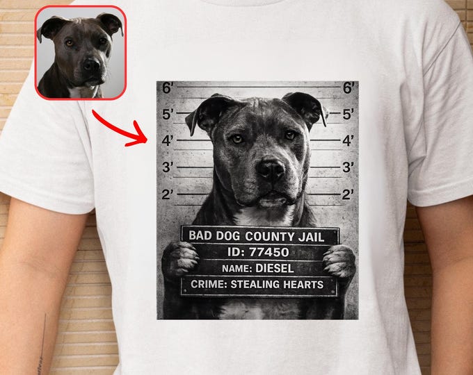 Custom Pet Mugshot Shirt: Personalized Animal Jail Photo Tee, Funny Dog Crime T-Shirt
