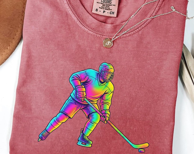 Colorful Ice Hockey Sports Shirt: Neon Hockey Player Tee, Rainbow Hockey Gradient Crewneck